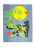 Risograph Print - Moon Cat Red Flowers 8.5x11, 8x10