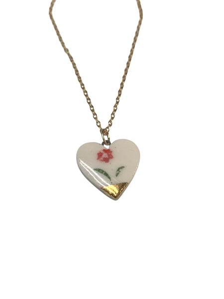 Red Flower Heart Necklace - Gold