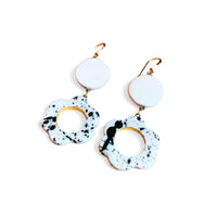 Dangle Earrings - White + Black Splatter Flower