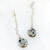 Earrings - Long Squiggle - Black Splatter Circle (Gold)