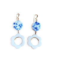 Dangle Earrings - Blue Speckle + White Flowers