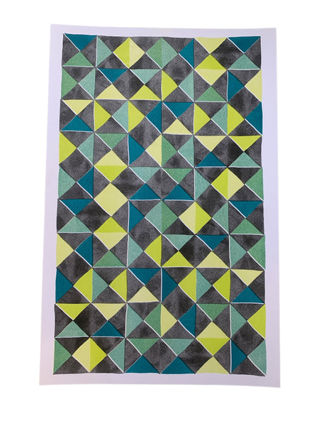 Risograph Print - Abstract Quilt Greens 11x17"