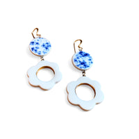 Dangle Earrings - Blue Speckle + White Flowers