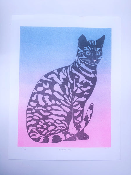 Risograph Print - Sunset Cat 8.5x11