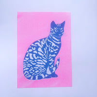 Risograph Print - Glowing Blue Cat 5x7
