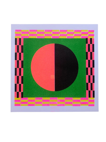 Risograph Print - Half Circle Black, Orange, Green 8.5x8.5 Square