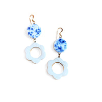 Dangle Earrings - Blue Speckle + White Flowers