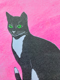 Risograph Print - Tuxedo Cat on Pink 5x7"