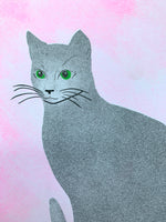 Risograph Print - Gray Cat on Pink 5x7"