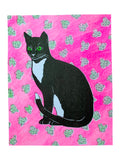 Risograph Print - Tuxedo Cat with Floral Wallpaper 8.5x11" or 8x10"