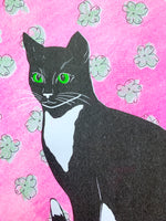 Risograph Print - Tuxedo Cat with Floral Wallpaper 8.5x11" or 8x10"