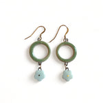 Dangle Earrings - Circle - Green + White Flower