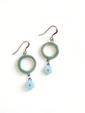 Dangle Earrings - Circle - Green + White Flower