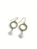 Dangle Earrings - Circle - Green + White Flower