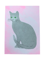 Risograph Print - Gray Cat on Pink 5x7"