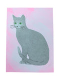 Risograph Print - Gray Cat on Pink 5x7"