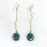 Earrings - Long Squiggle - Teal Circle (Gold)