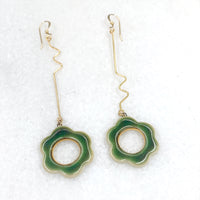 Earrings - Long Squiggle - Green Flower (Gold)