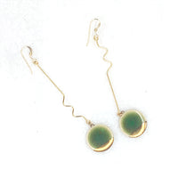 Earrings - Long Squiggle - Green Circle (Gold)