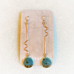 Earrings - Long Squiggle - Teal Circle (Gold)