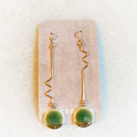 Earrings - Long Squiggle - Green Circle (Gold)