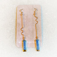 Earrings - Long Squiggle - Blue Rectangle (Gold)