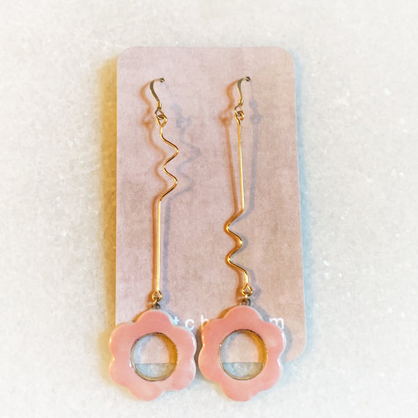 Earrings - Long Squiggle - Pink Flower (Gold)