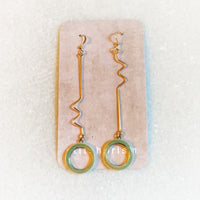 Earrings - Long Squiggle - Green Open Circle (Gold)