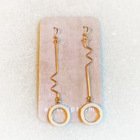 Earrings - Long Squiggle - White Open Circle (Gold)