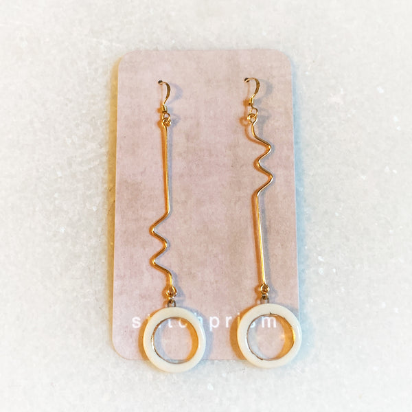 Earrings - Long Squiggle - White Open Circle (Gold)