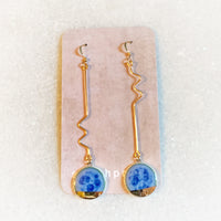Earrings - Long Squiggle - Blue Circle (Gold)