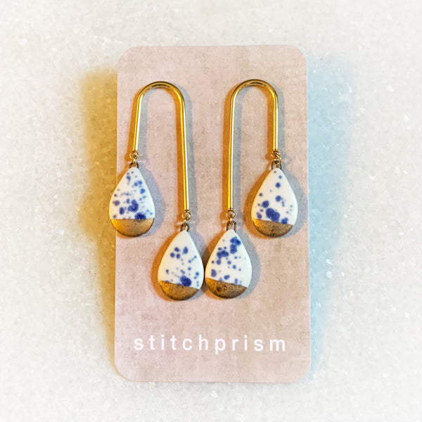 Waterfall Earrings - Blue Speckle + Gold (Teardrop) L