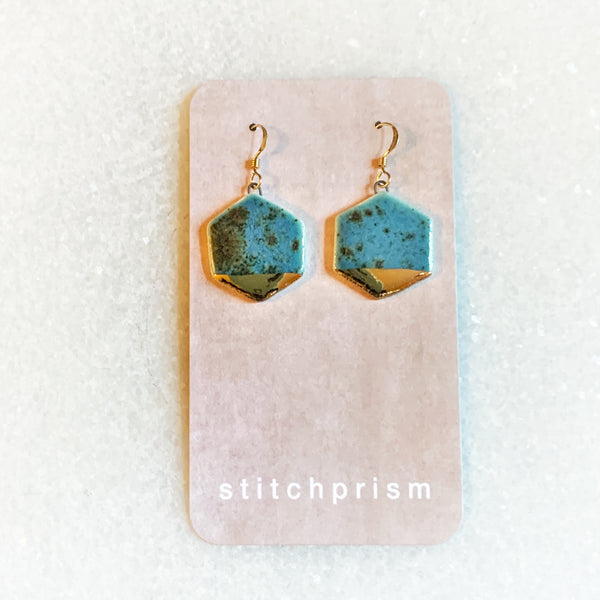 Small Hexagon Earrings - Teal (gold)