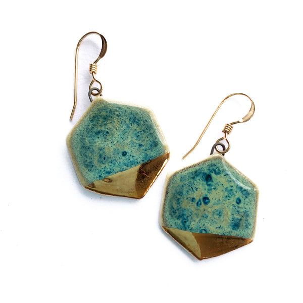 Small Hexagon Earrings - Green (gold)