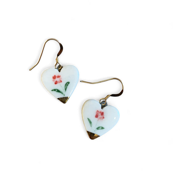 Heart Earrings - Red Flowers + Gold