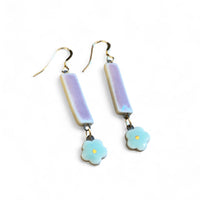 Dangle Earrings - Rectangle - Purple + Aqua Flower