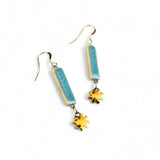 Dangle Earrings - Rectangle - Green + Gold Daisy