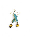 Dangle Earrings - Rectangle - Green + Gold Daisy