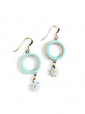 Dangle Earrings - Circle - Aqua + White Daisy