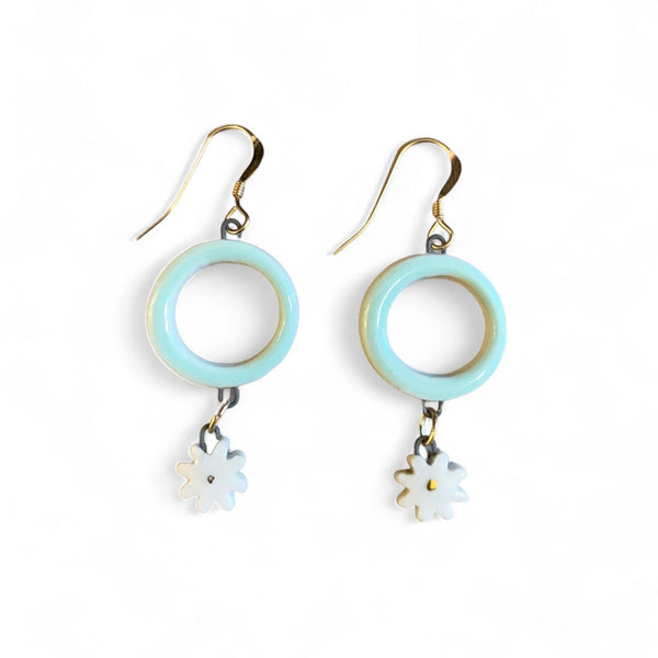 Dangle Earrings - Circle - Aqua + White Daisy