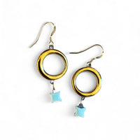 Dangle Earrings - Circle - Gold + Mint Star