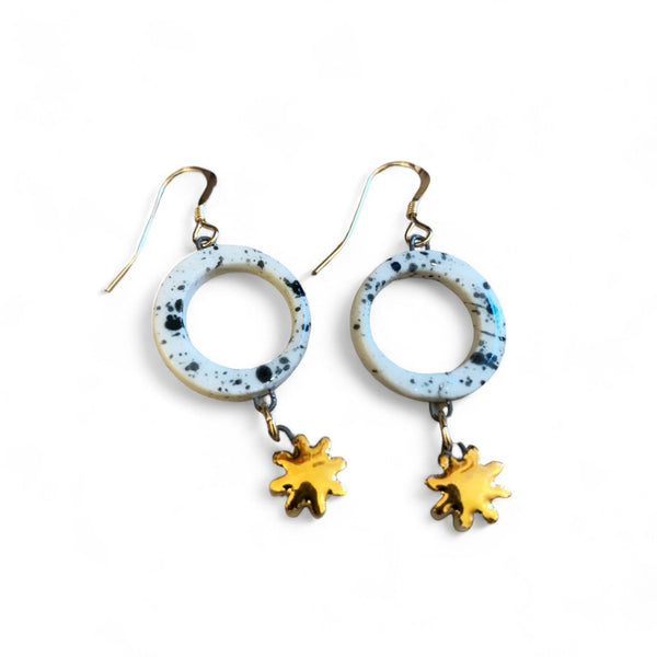 Dangle Earrings - Circle - Black Splatter + Gold Star