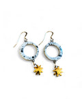 Dangle Earrings - Circle - Black Splatter + Gold Star