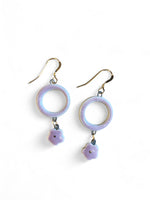 Dangle Earrings - Circle - Purple + Purple Flower