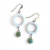 Dangle Earrings - Circle - White + Green Flower