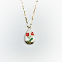 Small Teardrop Necklace - Red Flower (Gold)