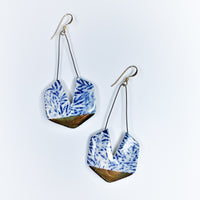 Hexagon Earring with Cutout - Blue Leaf + Gold