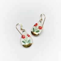 Small Teardrop Earrings - Red Flower (gold)