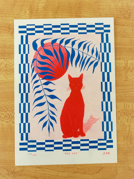 Risograph Print - Red Cat 5x7"
