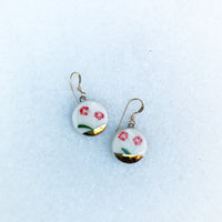 Small Circle Earrings - Red Flower (Gold)